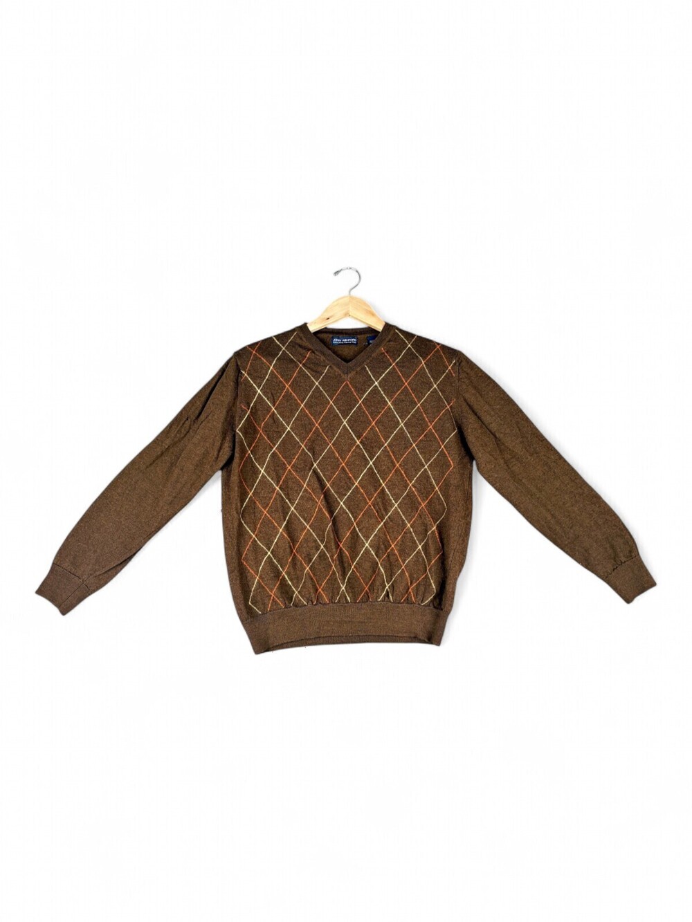John Ashford Boys L Brown Wool Argyle V-Neck Sweater